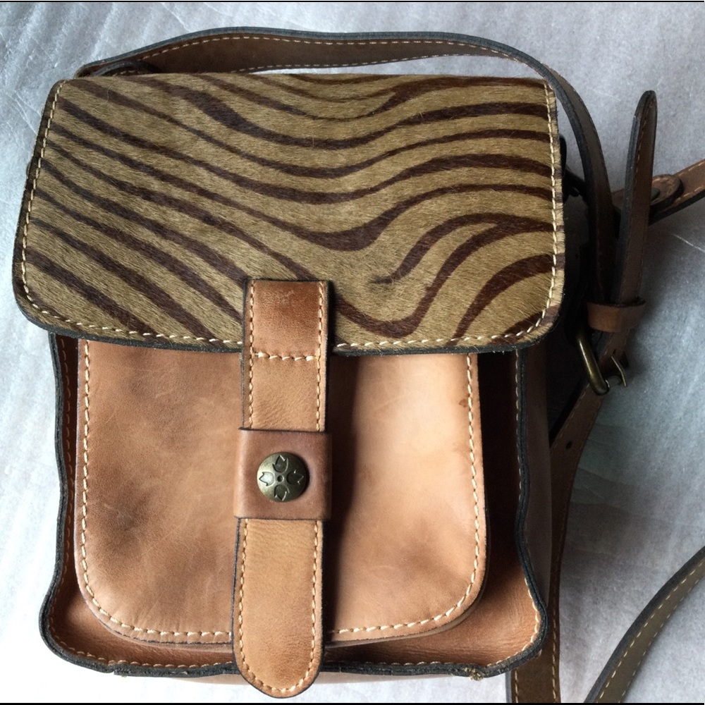 Vintage PATRICIA NASH Leather Zebra Print Calf Hair CROSSBODY BAG Saddle Tan